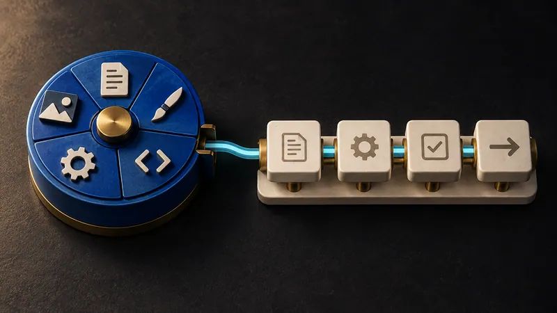 A circular blue tool selector connects by a cyan channel to a fixed sequence of ivory workflow blocks.