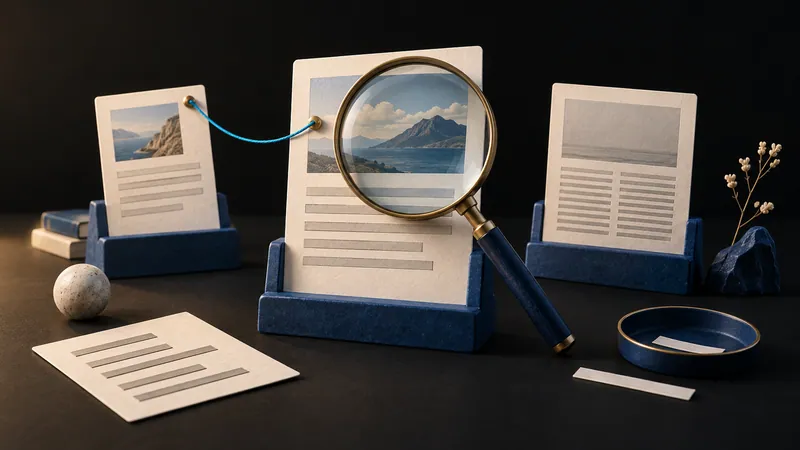 A magnifying glass examines an editorial source card linked by cyan thread to another source, beside a newspaper-like page.