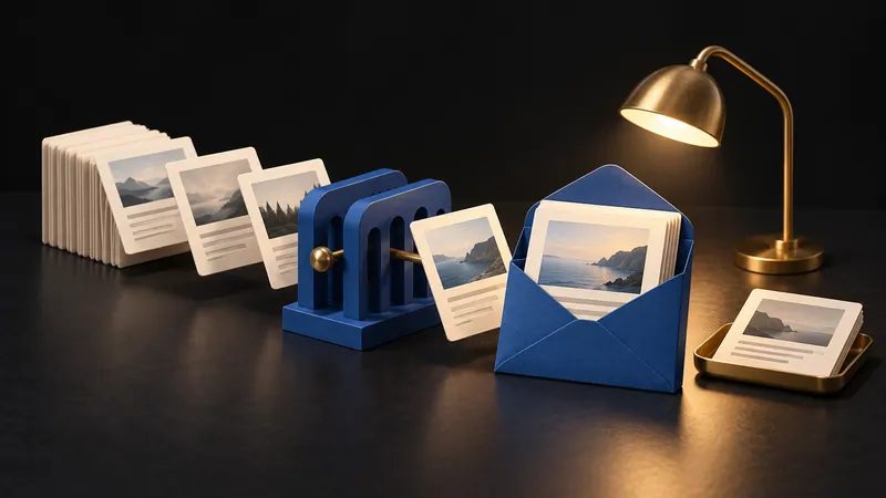 Article cards pass through a blue sorting rack into a short reading stack inside an envelope, with a duplicate set aside.