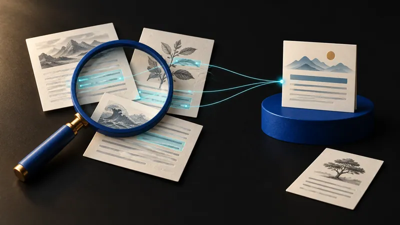 A magnifying glass examines source cards linked by cyan threads to a synthesis card, while an unconnected card sits separately.