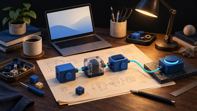 An illustrated workbench with a laptop, paper plans and blue modules connected by a cyan cable.